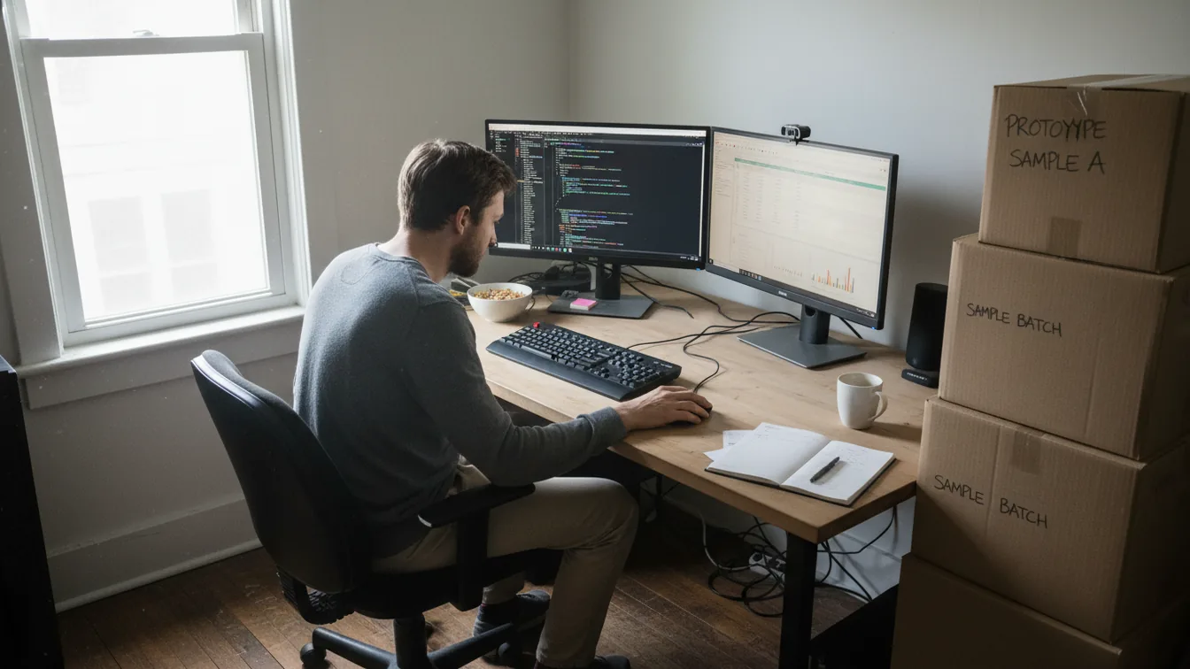 Person working alone at home desk with monitors