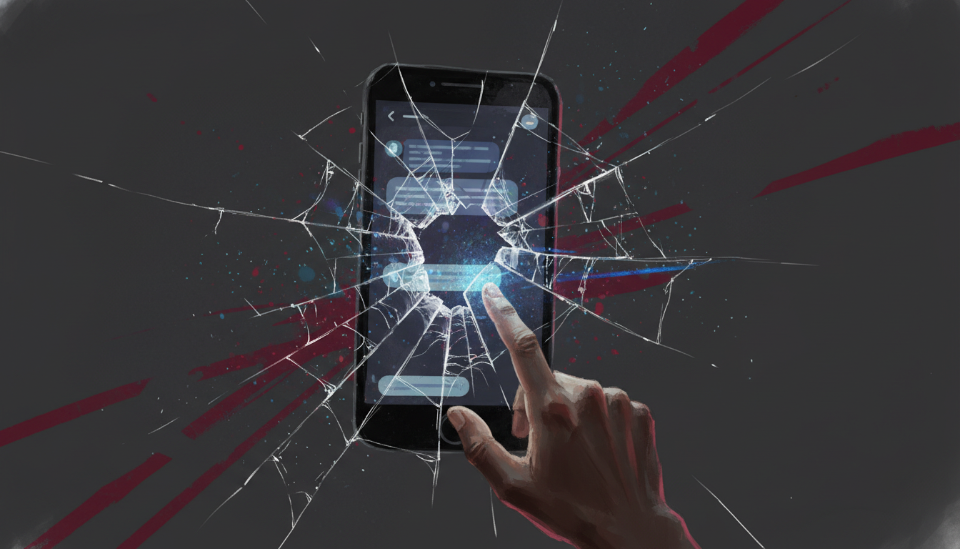 Fractured smartphone screen with AI interface, a hand still reaching toward it despite the cracks