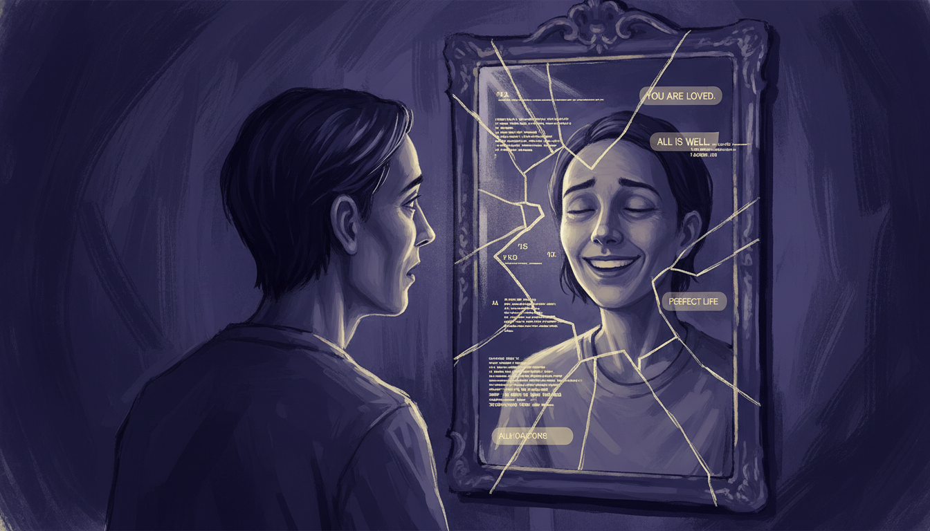 Psychological editorial illustration, a person's hollow reflection in a cracked AI-lit mirror