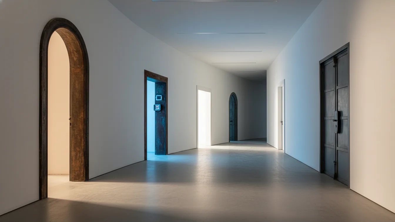 Long corridor with four distinct doorways