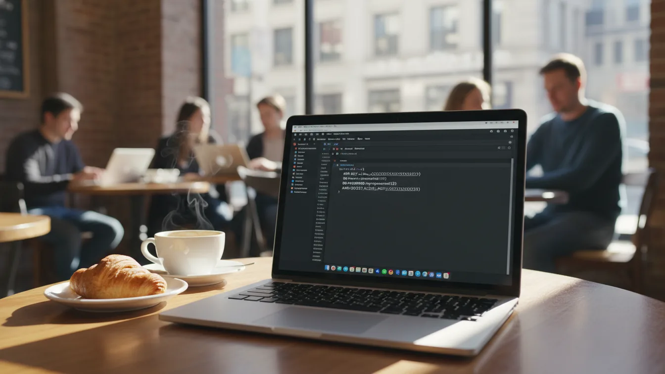 Developer laptop open at coffee shop with credentials visible