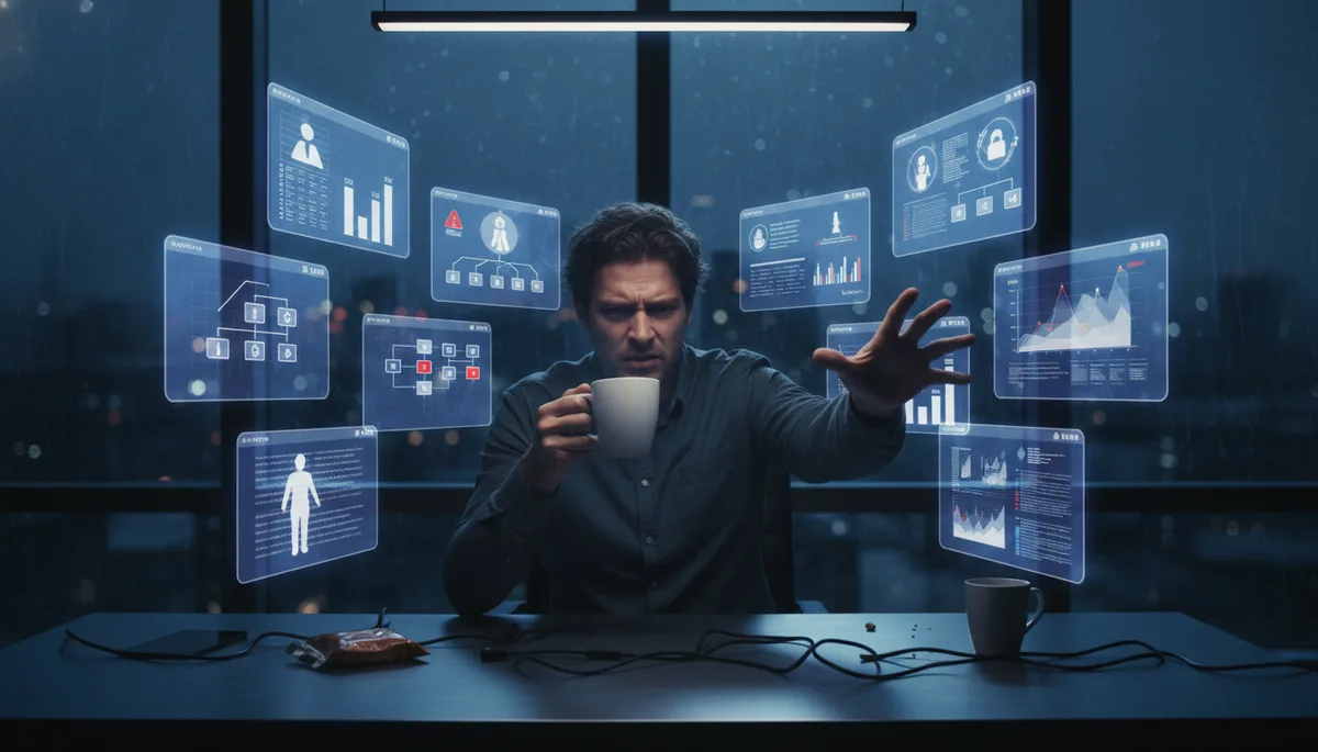 Person overwhelmed by multiple AI agent windows