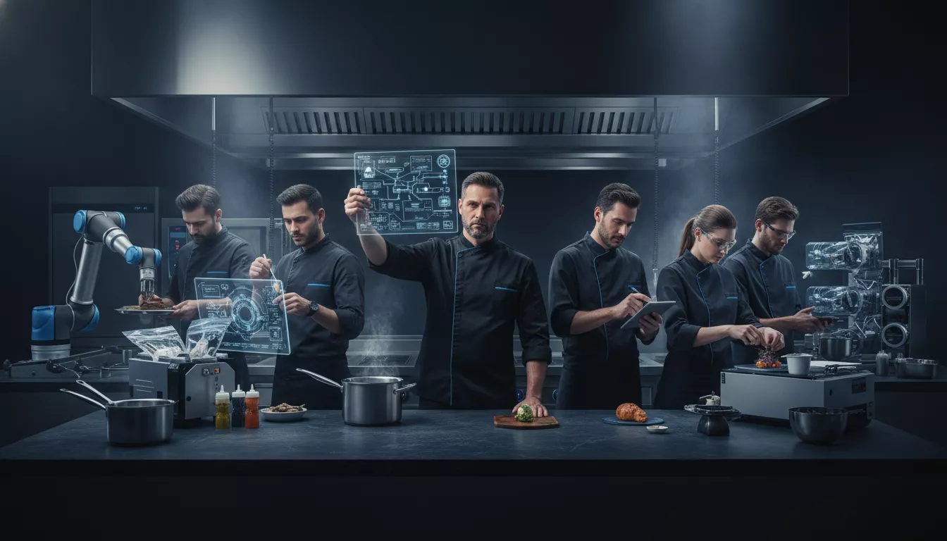 A professional kitchen with one chef orchestrating a complex brigade, while a person at the counter just reads a recipe card — metaphor for prompt engineering vs agent engineering