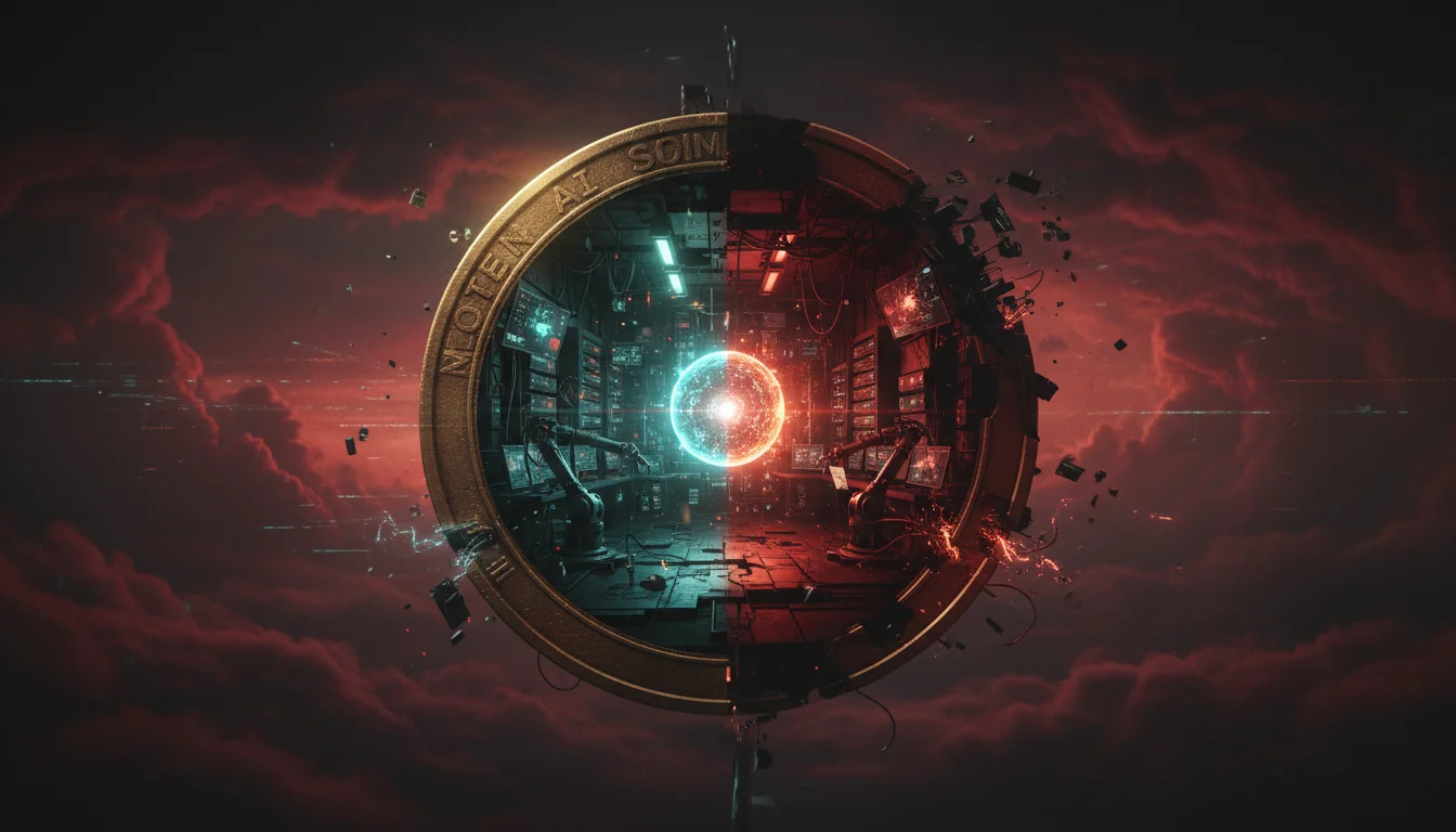 OpenAI logo over a coin toss with two futures - one showing the lab surviving, one showing it collapsing