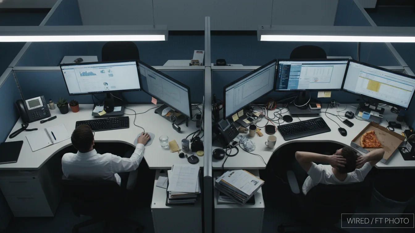 Two adjacent workstations — one clean, one cluttered