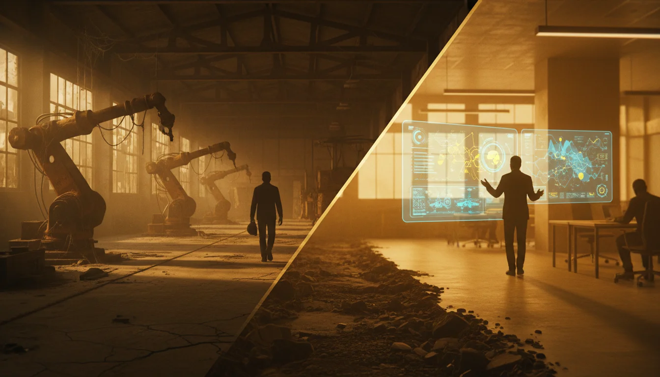 Two diverging paths through an industrial landscape — one ending at an empty factory floor, one at a modern collaborative workspace