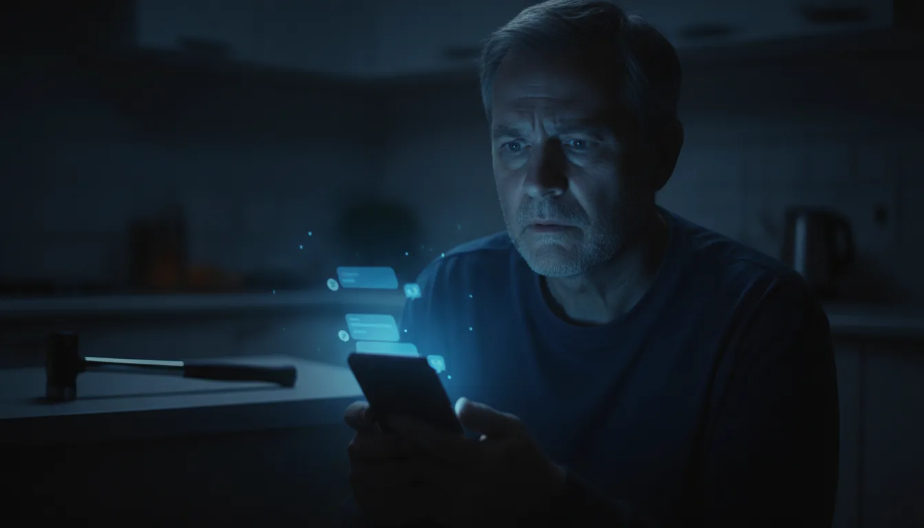 A man standing alone at 3 AM, holding a phone, the blue screen glow illuminating a worried face — a hammer on the kitchen counter behind him