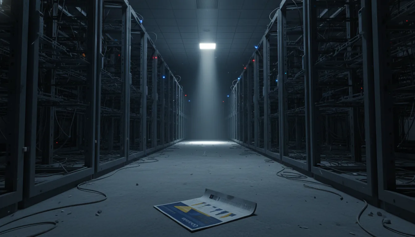 Vast mostly-dark data center with empty server racks, a single shaft of light illuminating rows of unused hardware