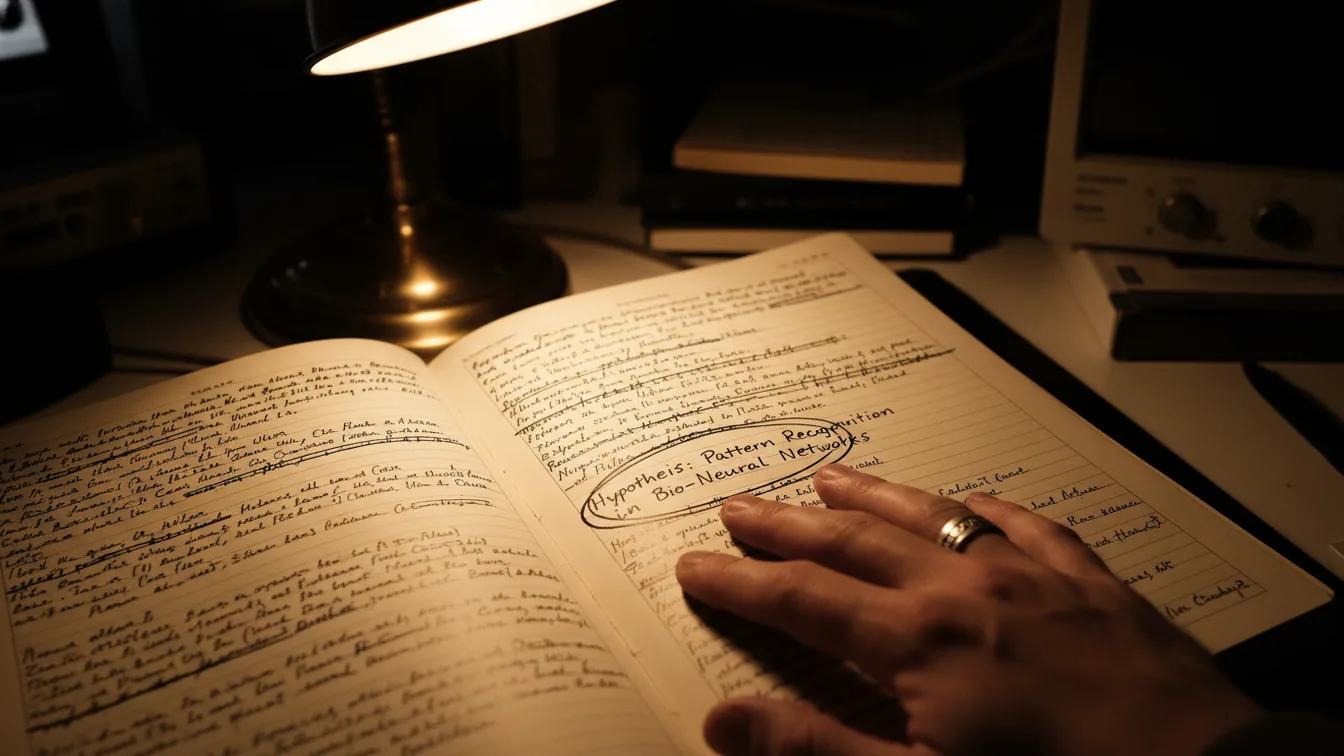 Notebook covered in crossed-out handwritten notes