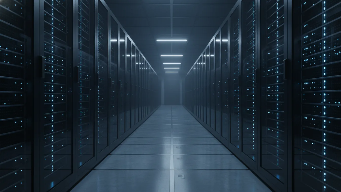 Data center corridor with blue server LEDs
