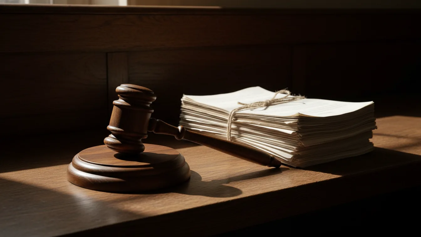 Courtroom gavel on desk with legal documents
