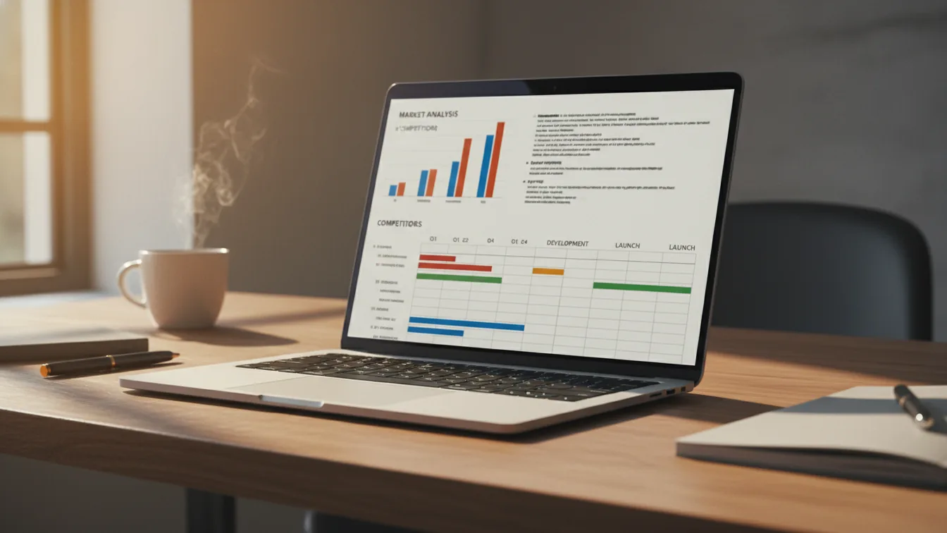Laptop on clean desk showing business strategy document