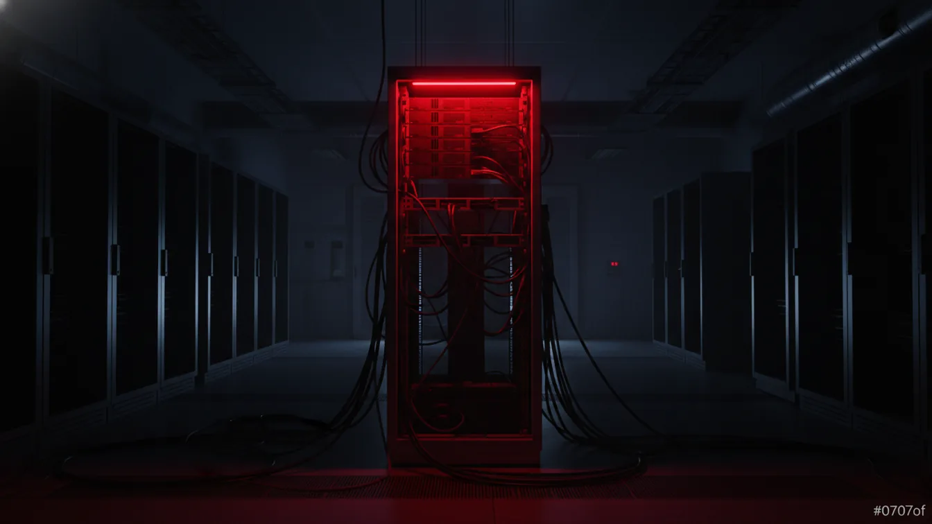 Server rack with a single red warning light