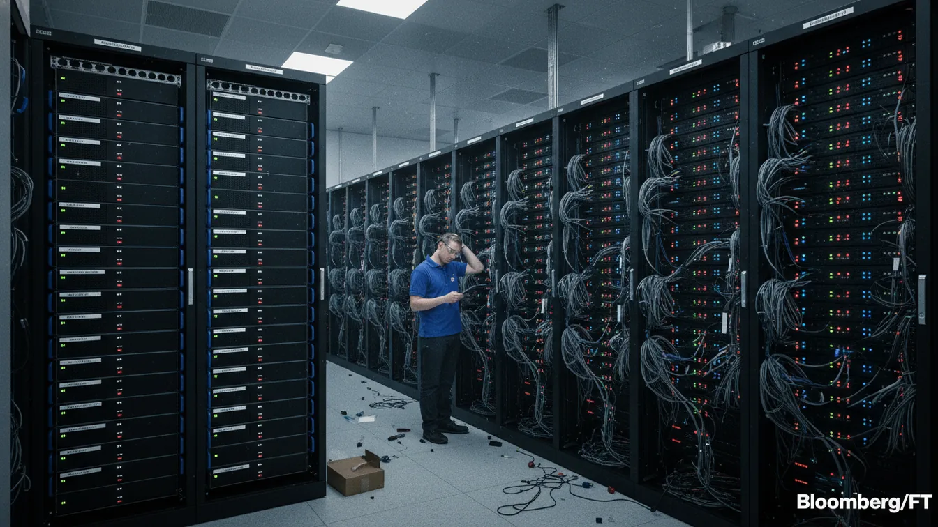 Server room with labeled and unlabeled blinking racks