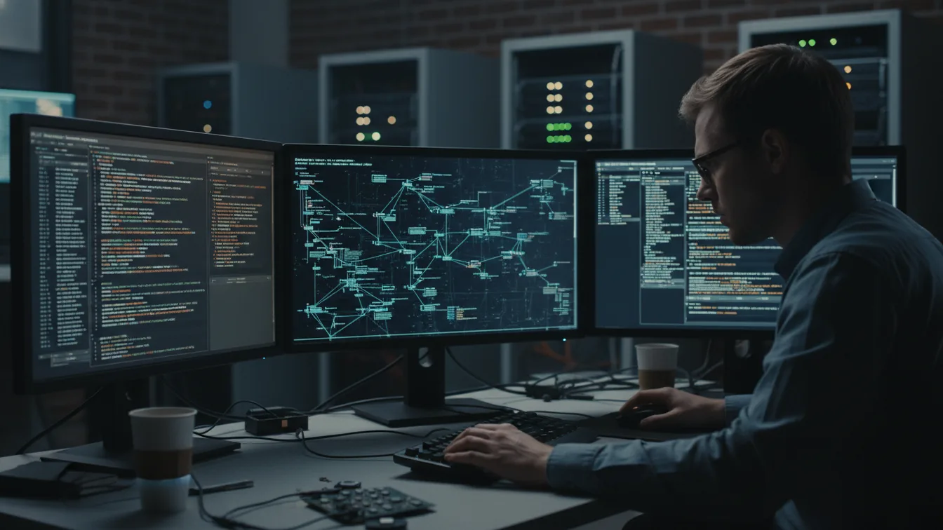 Cybersecurity researcher at monitors in dim room
