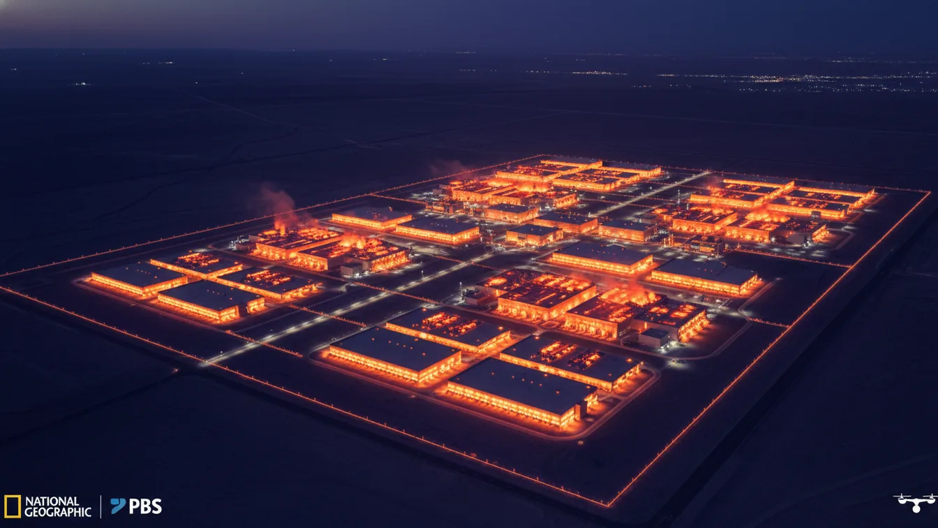 Aerial thermal view of massive data center heat signatures
