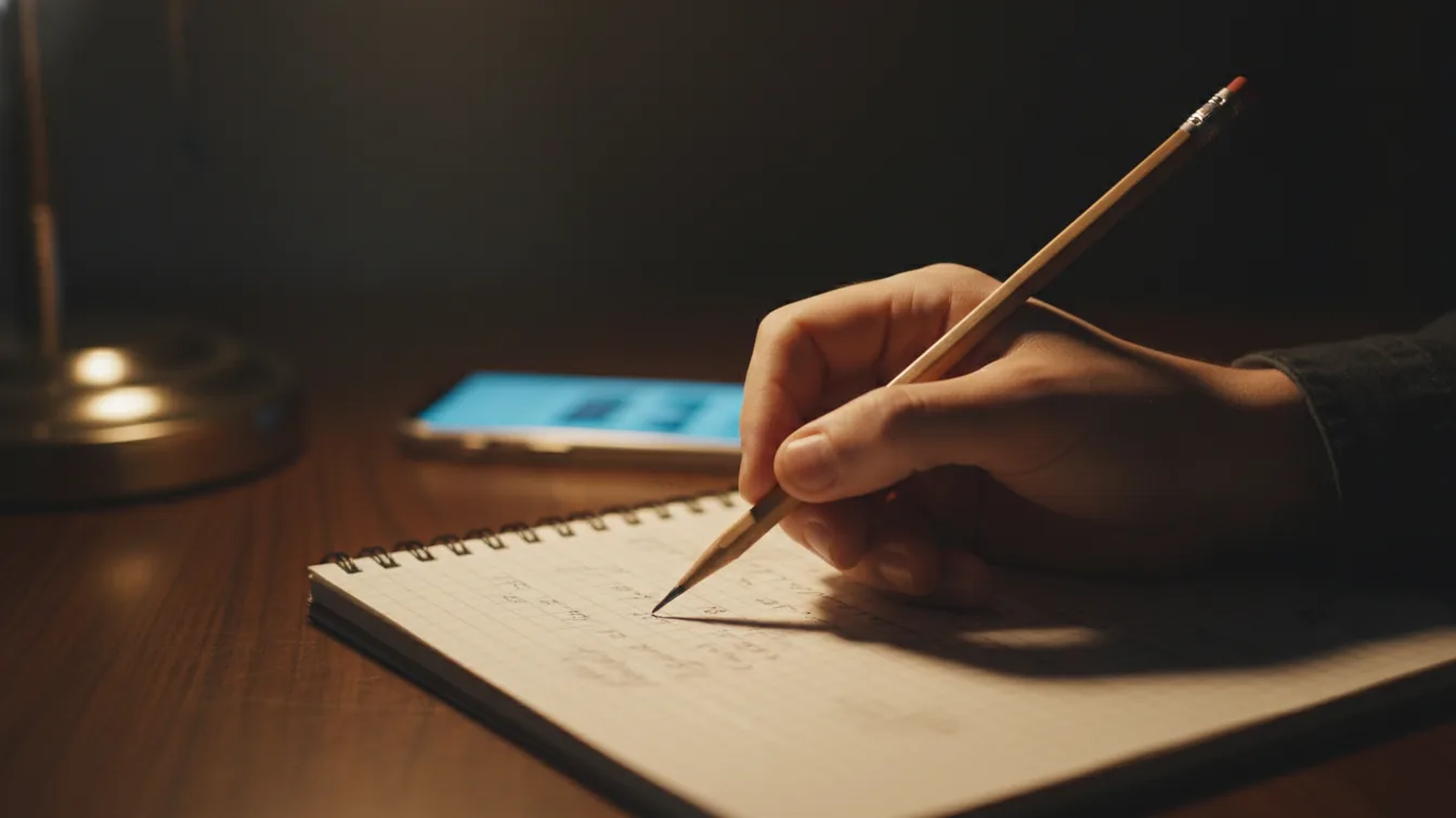 Hand hesitating over notebook with phone glowing nearby