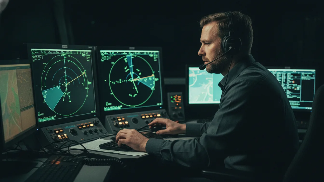 Air traffic controller at radar screens