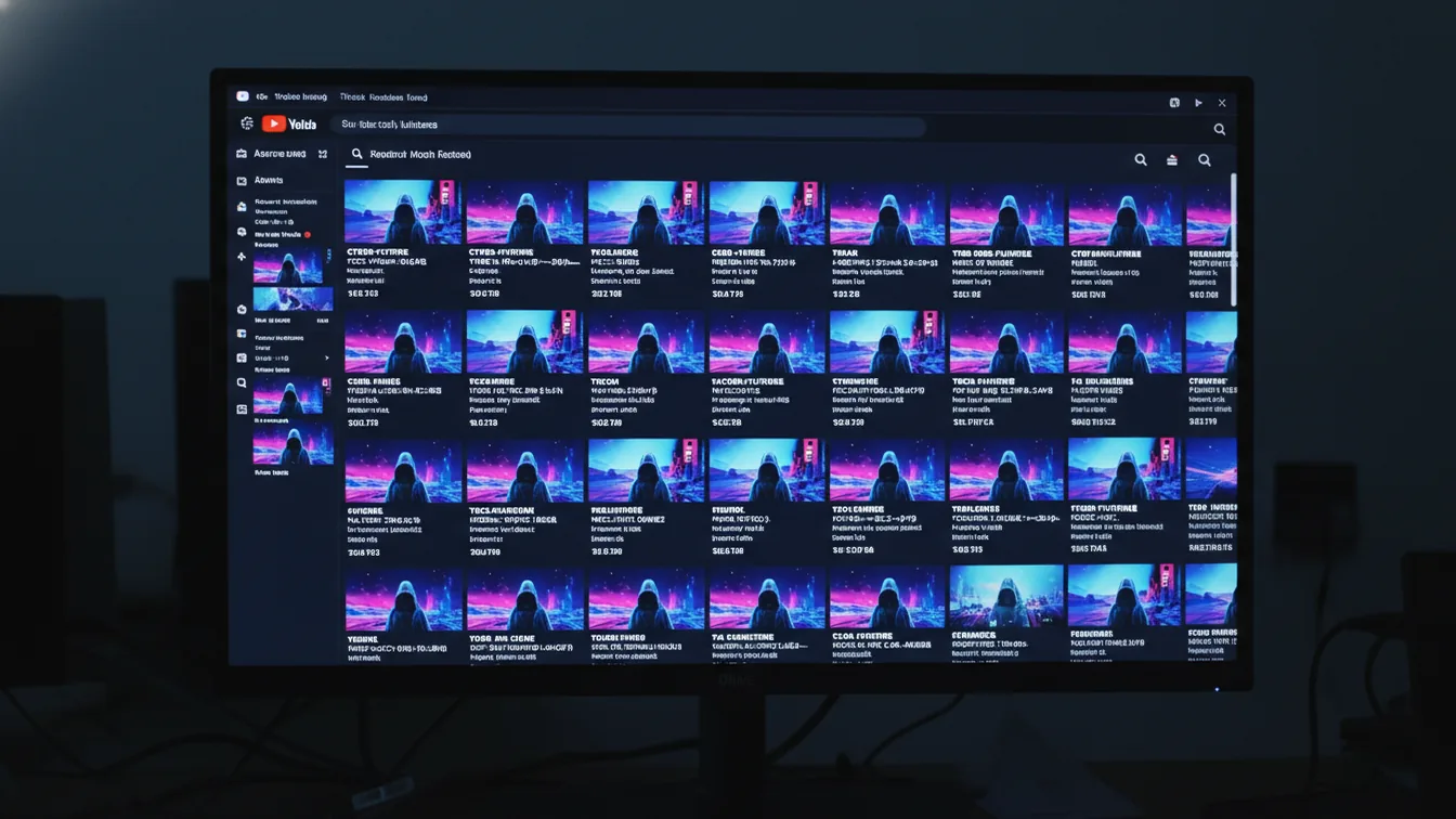 Monitor showing rows of identical AI video thumbnails