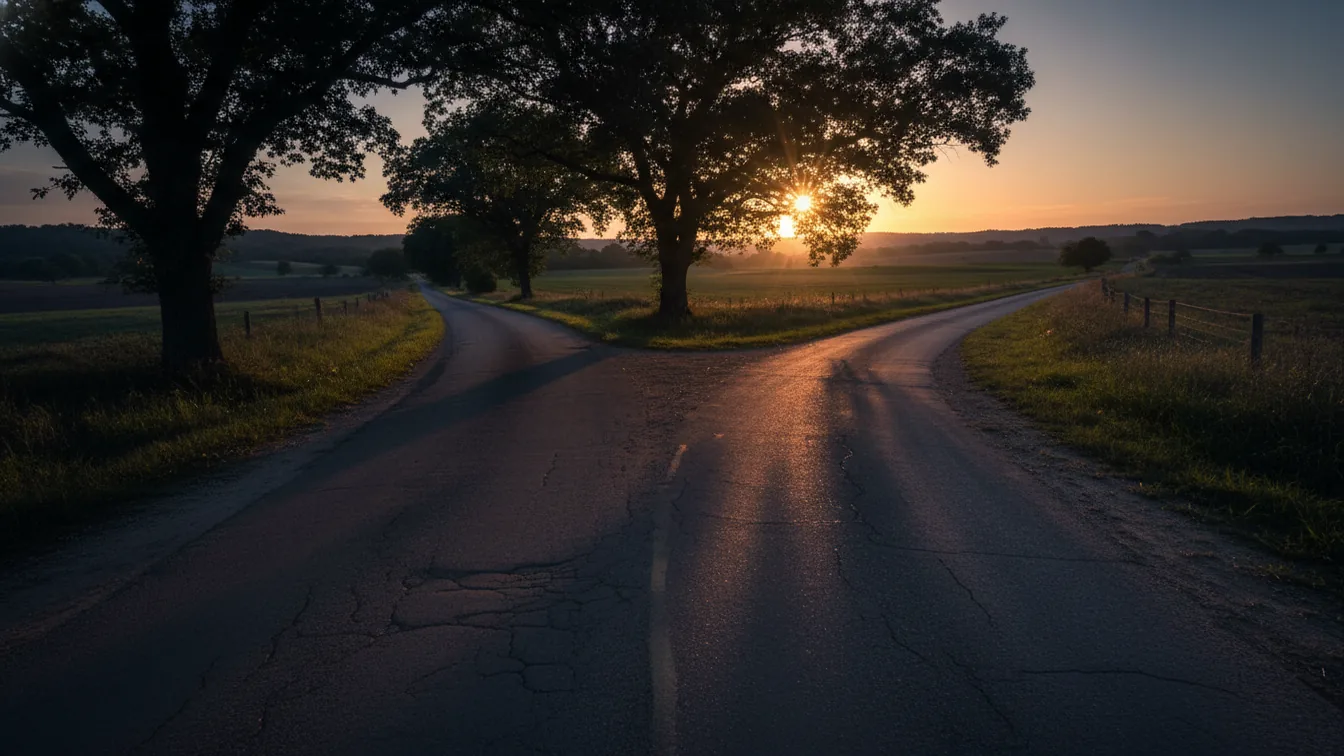Road splitting into two paths at dusk