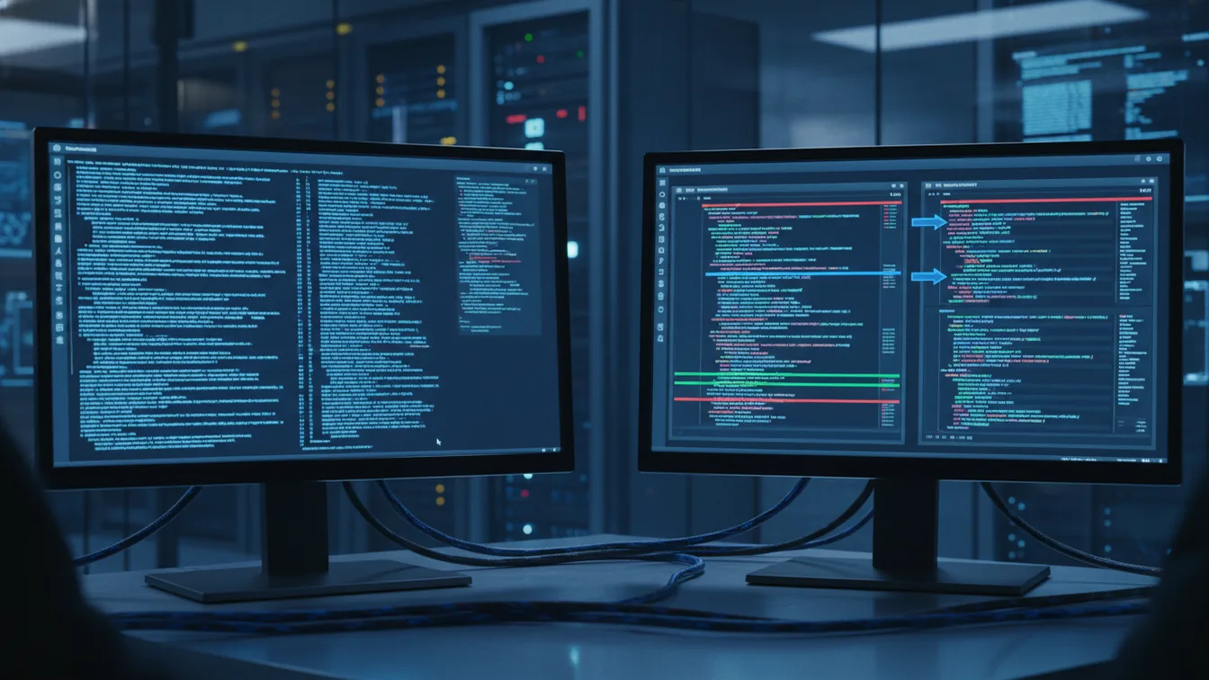 Two monitors in dark lab