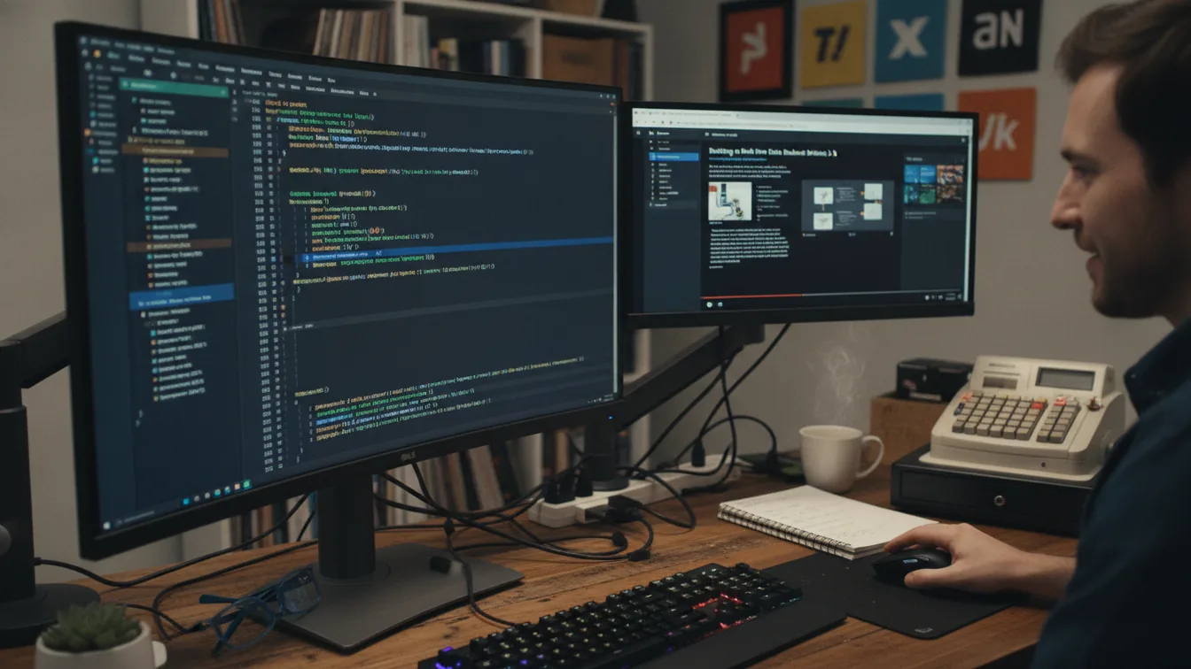 Developer at two monitors following tutorial
