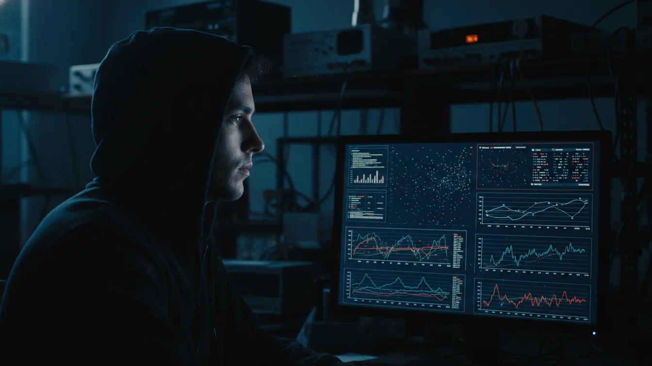 Researcher at a monitor showing error graphs in a dim lab