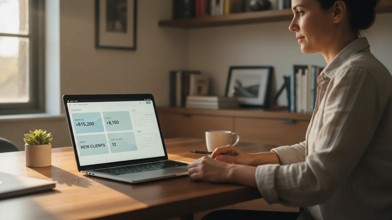 Small business owner at clean desk with organized dashboard