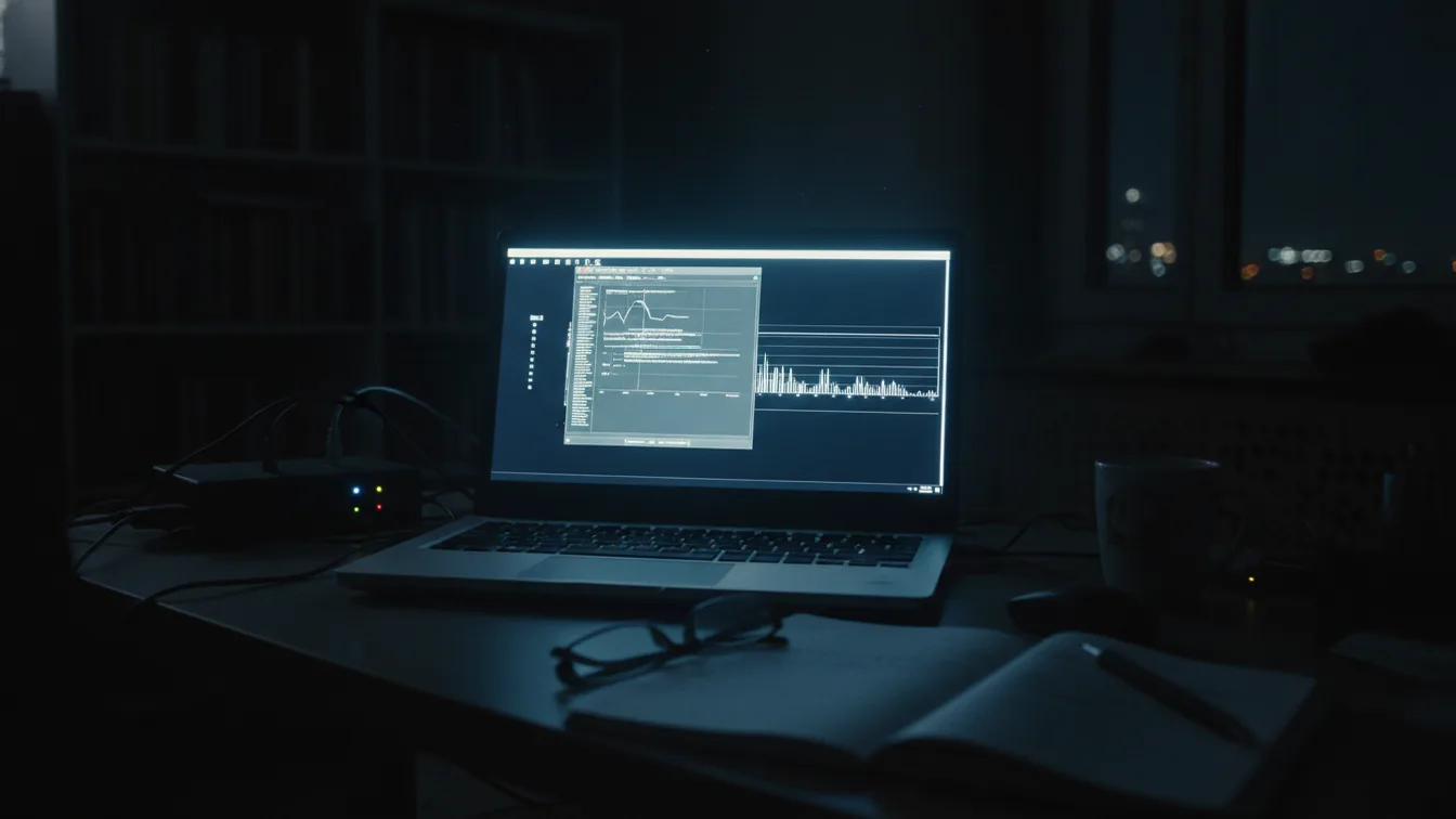 Laptop screen glowing in dark room showing active overnight process
