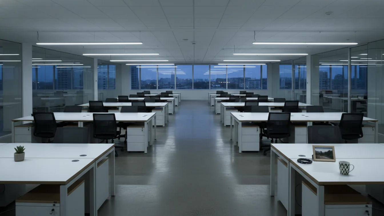 Empty office desks with personal items still on them