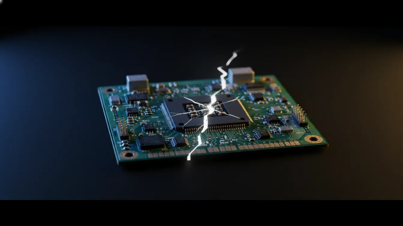 Circuit board with crack, indigo and gold light