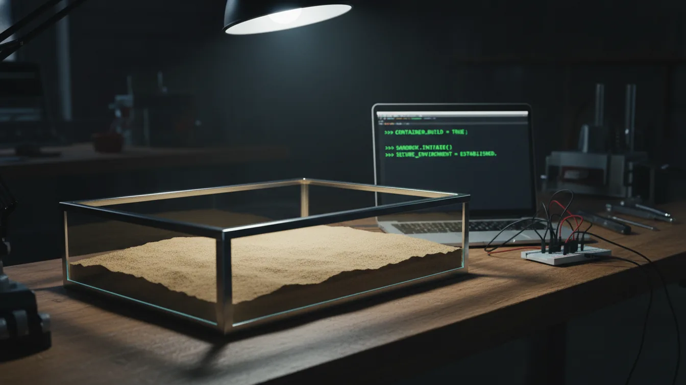 Physical sandbox container next to laptop terminal