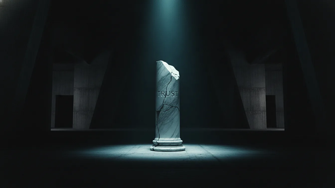 Crumbling marble column in brutalist hall, cyan light