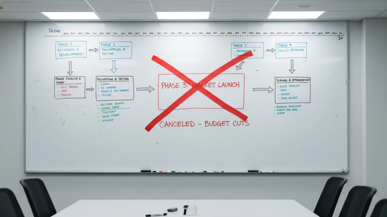 Conference room whiteboard with crossed-out project phase