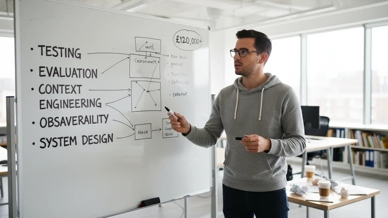 Developer at whiteboard with five skills listed