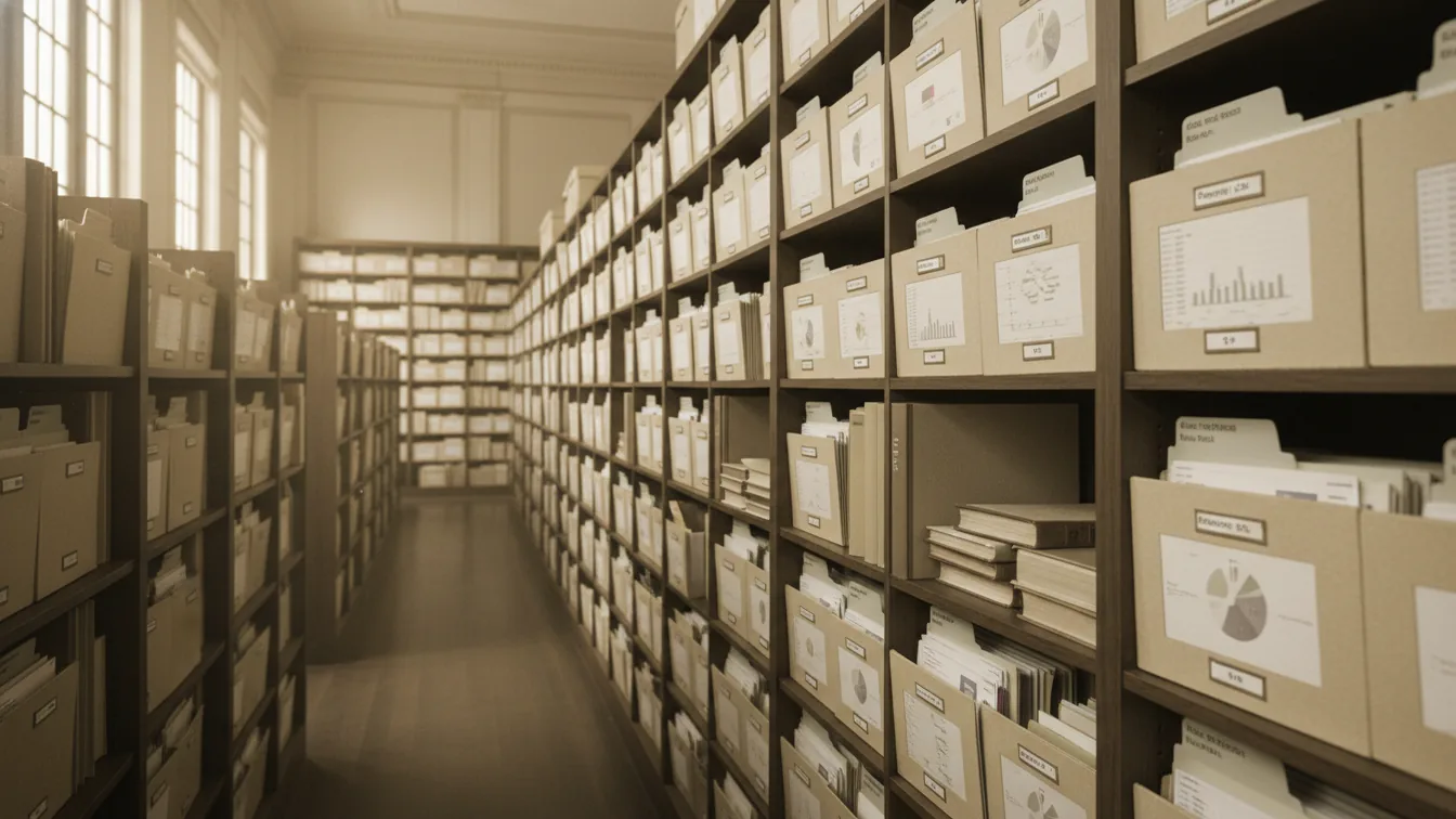 Well-organized filing system on wooden shelves