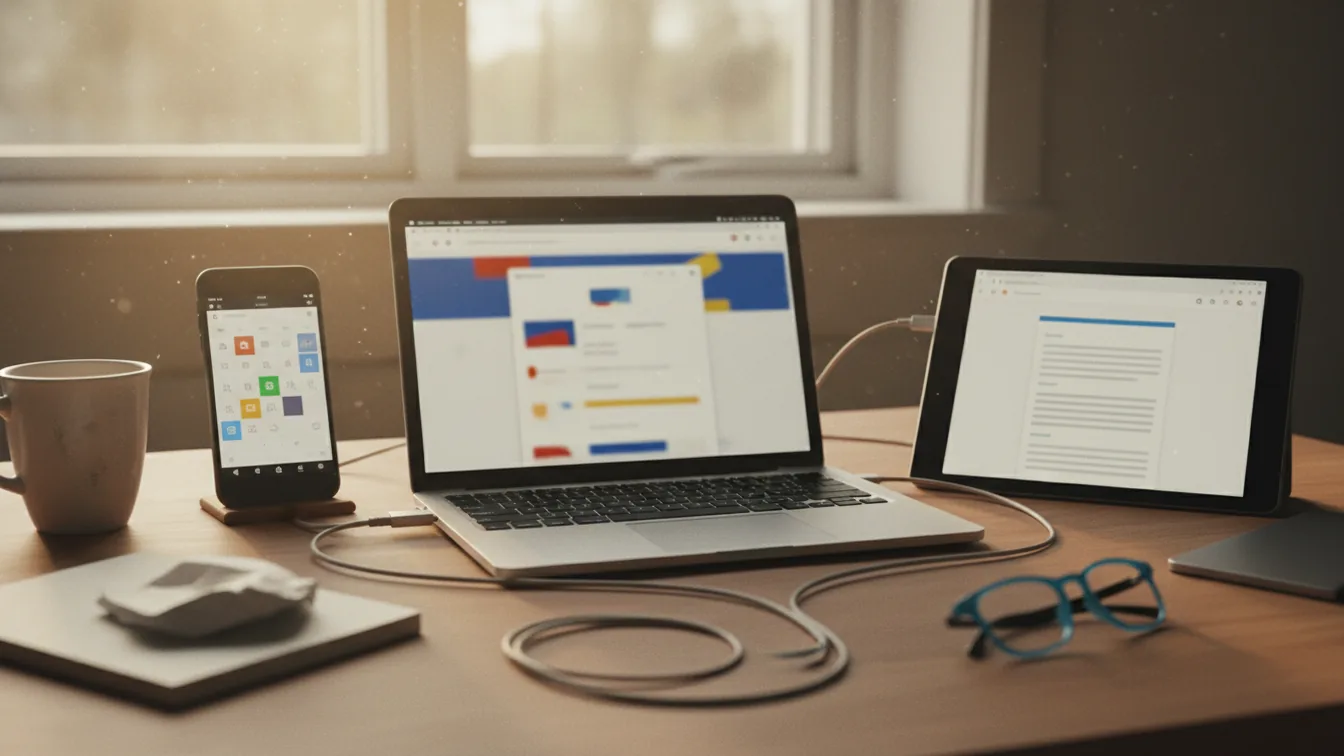 Desk with multiple Google-ecosystem devices