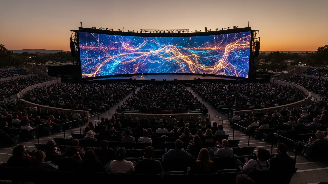 Large outdoor stage with curved screen and thousands of attendees