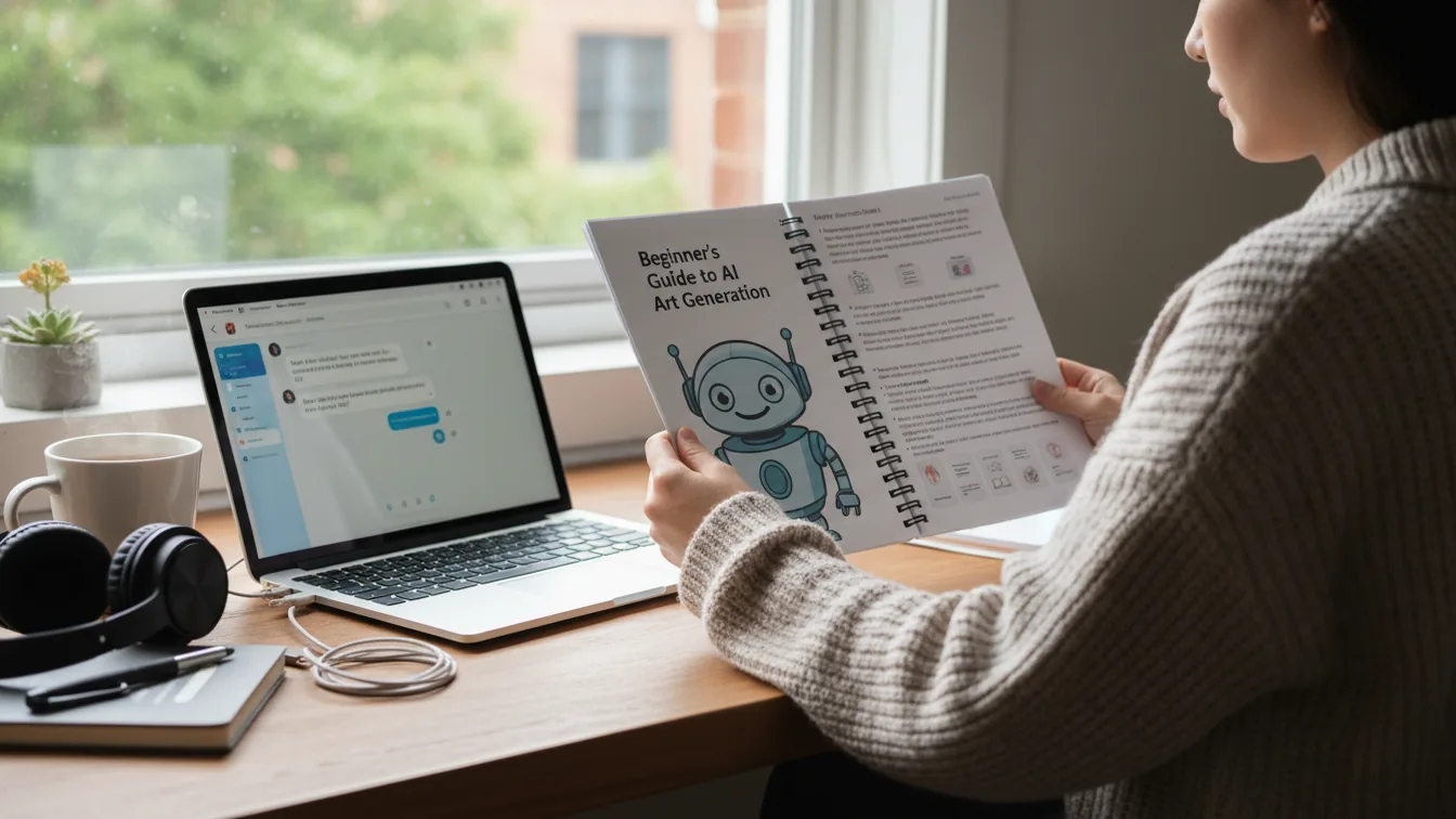 Person reading guide next to laptop