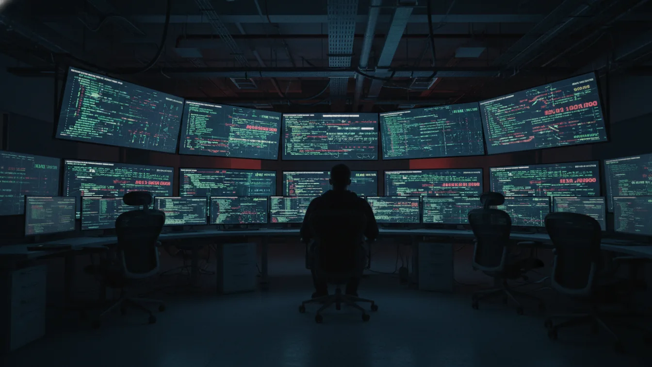 Dark security ops center with engineer facing multiple screens