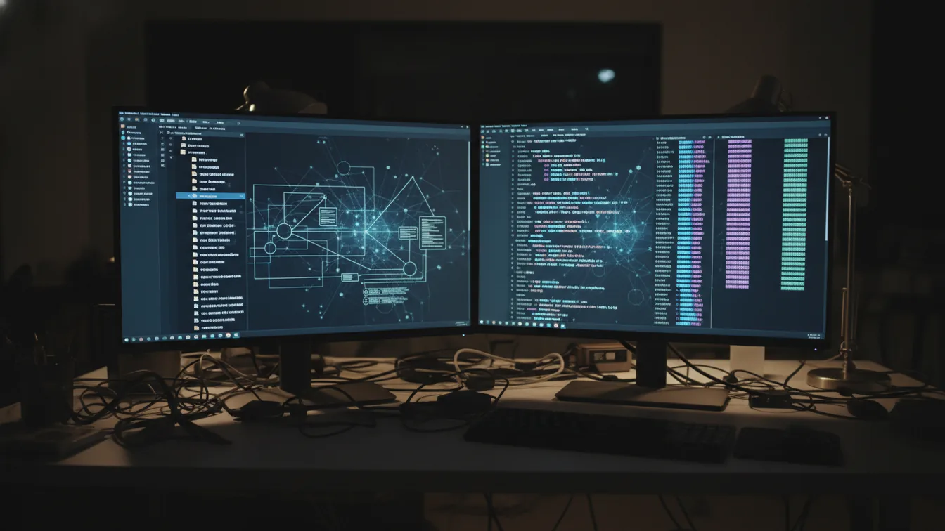 Two screens showing context engineering and AI-generated code
