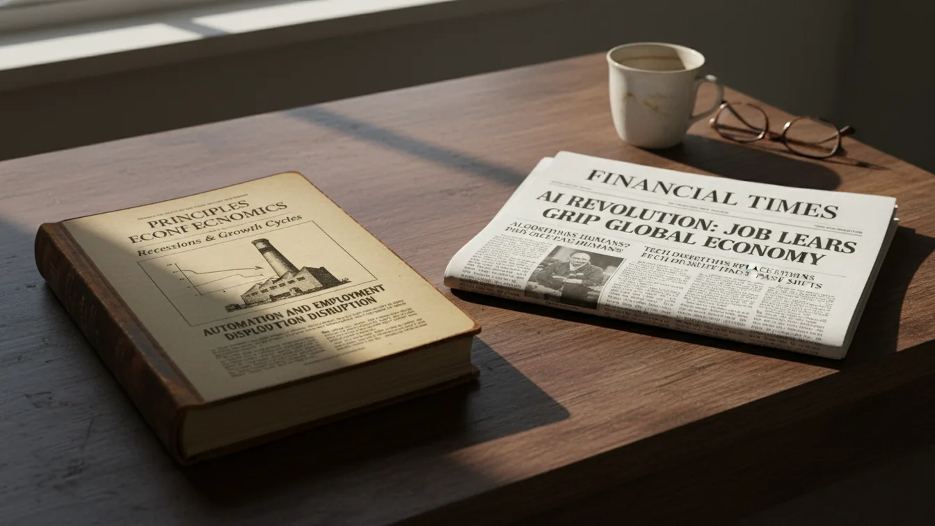 Old economics book beside modern AI newspaper