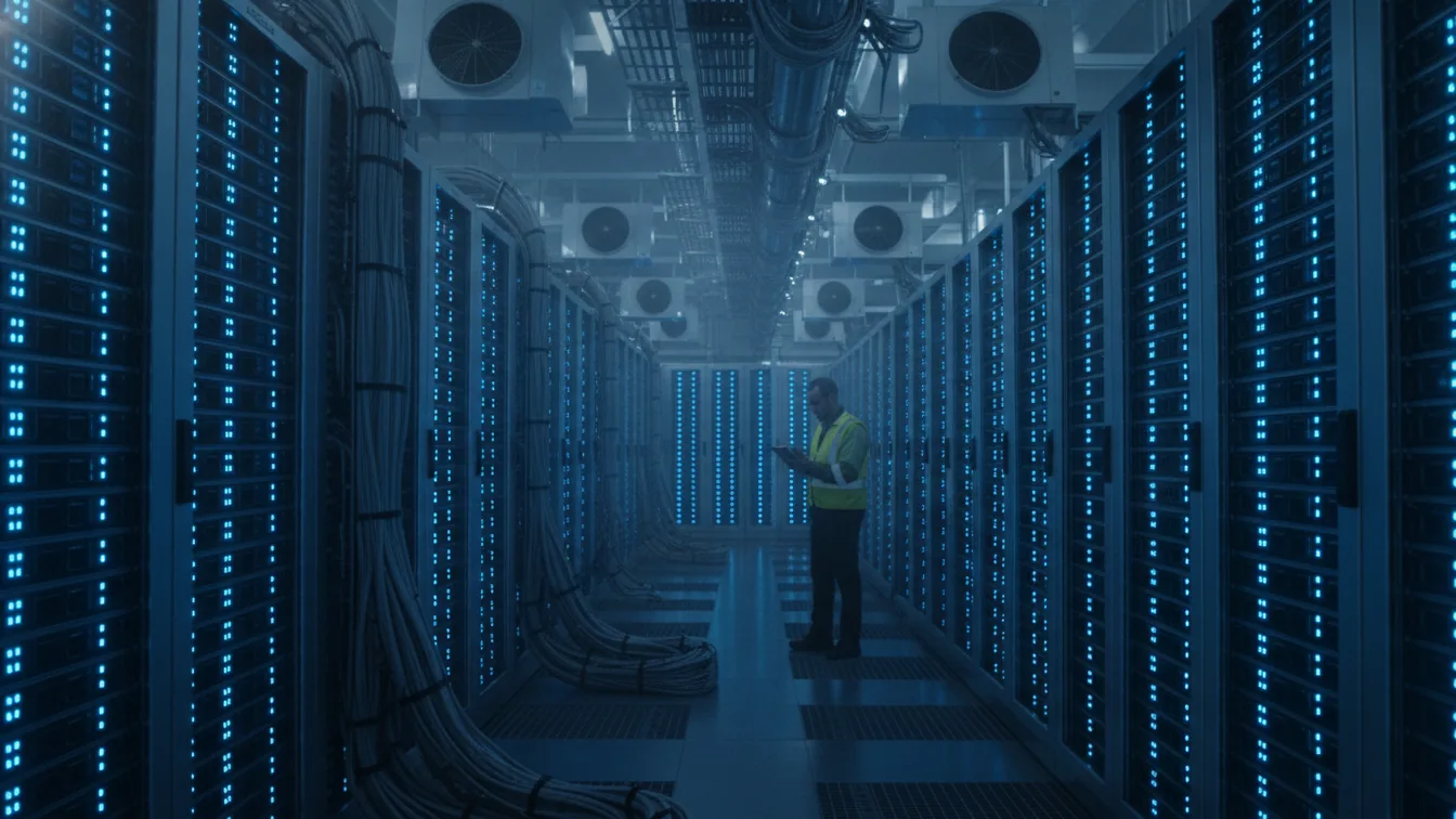 Massive GPU server farm in cool blue light