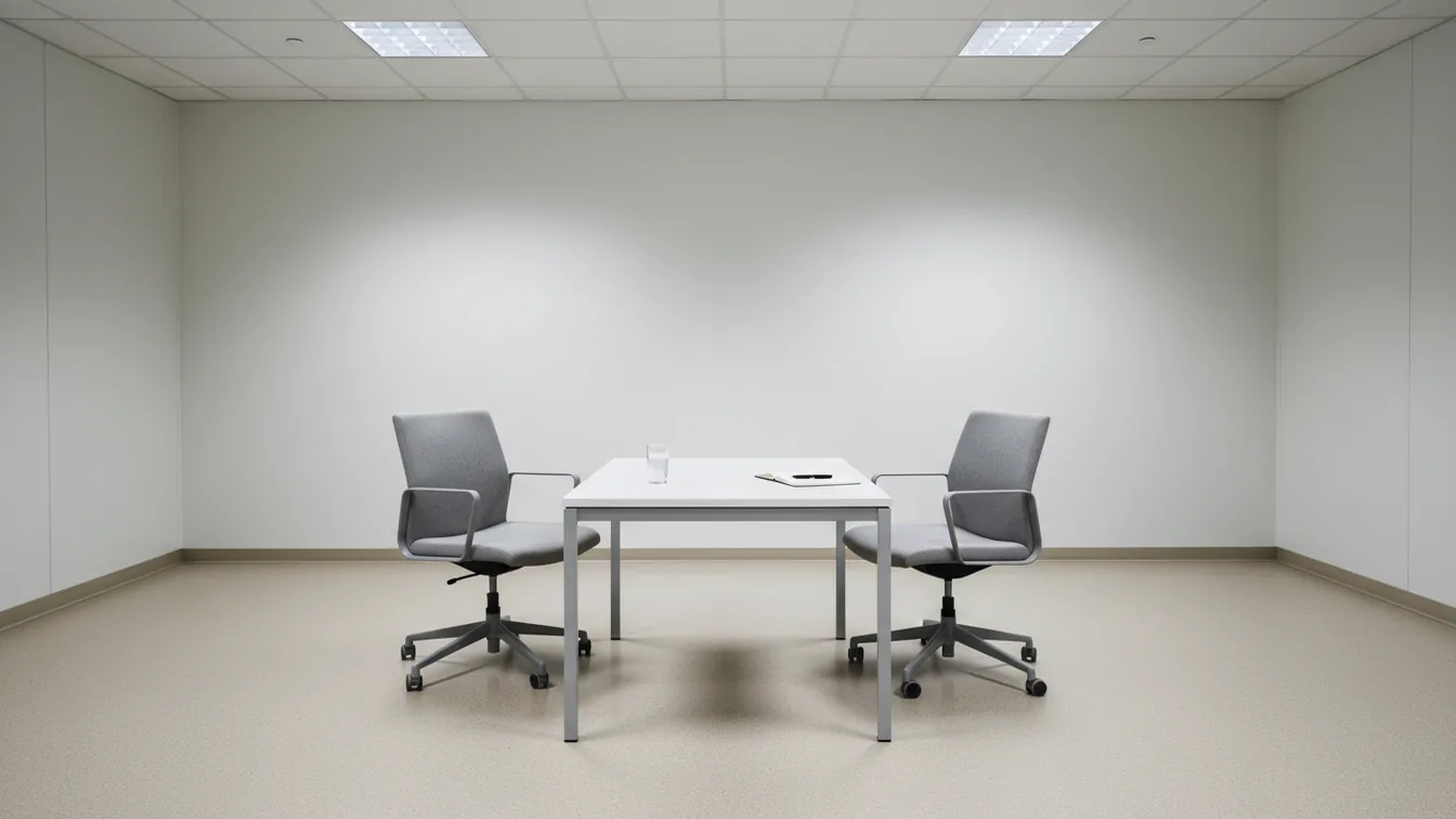 Two chairs facing each other in an empty interview room