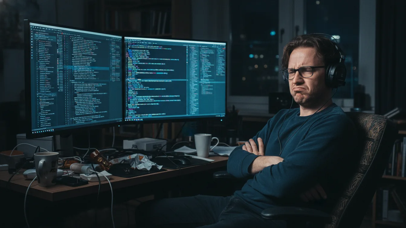 Developer grimacing at code on a screen at night