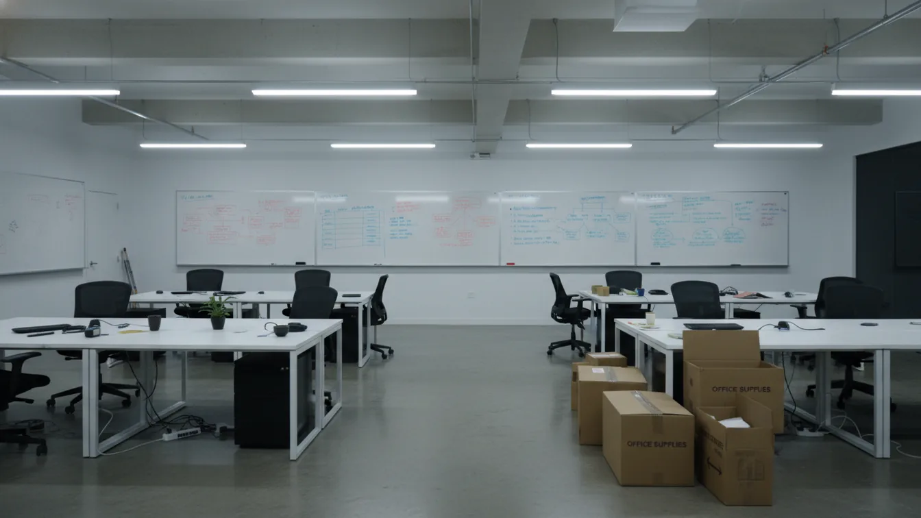 Empty startup office with whiteboards still covered in plans