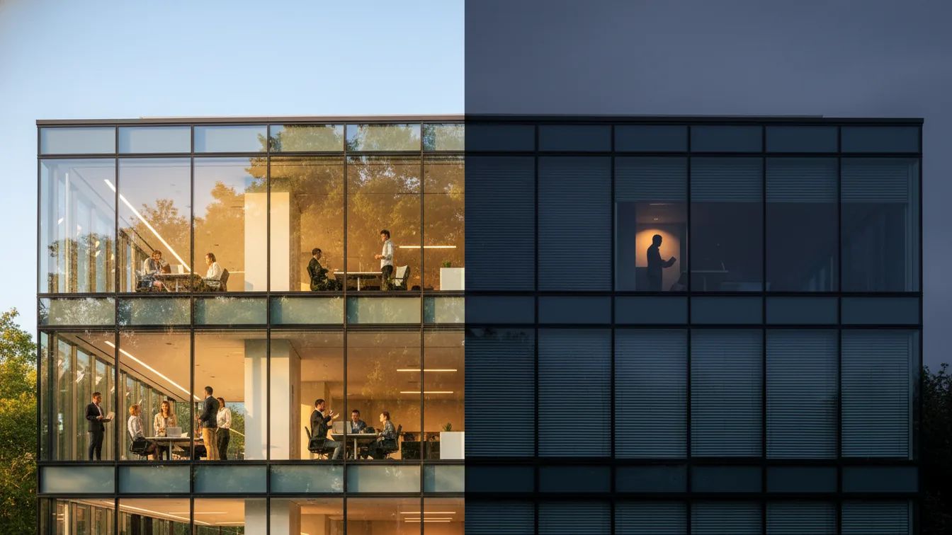 Office building warm and open then cool and closed