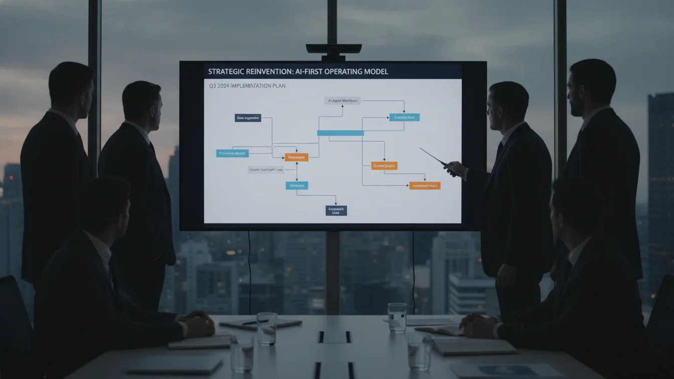 Corporate conference room with AI agent diagram on screen