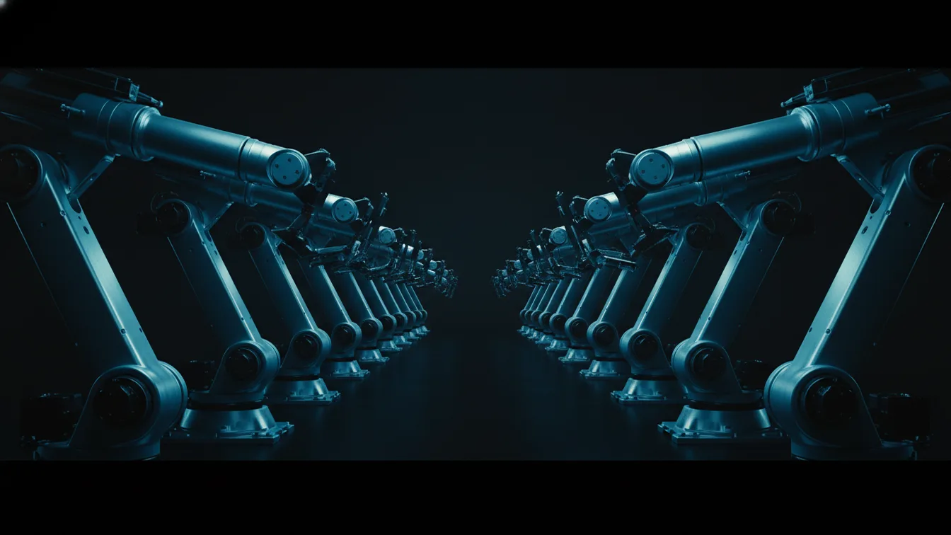 Rows of robotic arms pivoting simultaneously, indigo light