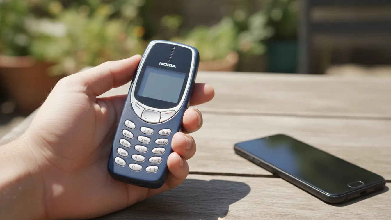 Young person holding basic phone with smartphone face-down